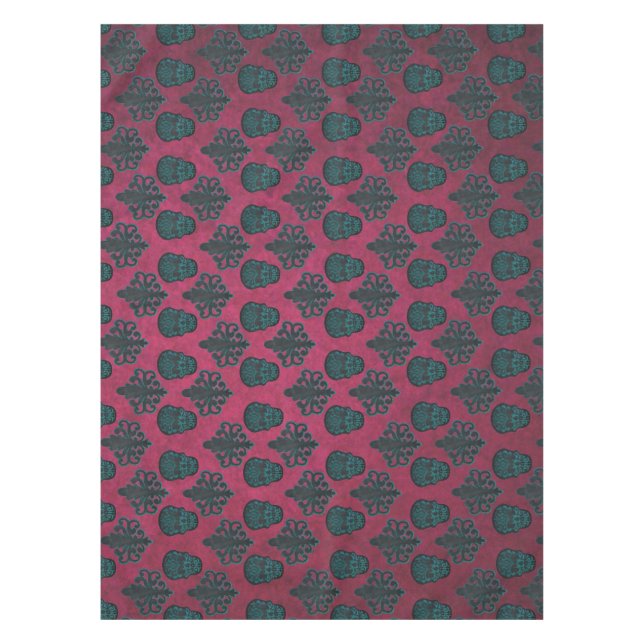 Teal Damask And Skulls On Textured Hot Pink Tablecloth (Front)