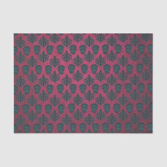 Teal Damask And Skulls On Textured Hot Pink Tissue Paper (Front)