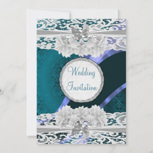Teal damask and white lace vintage wedding invitation