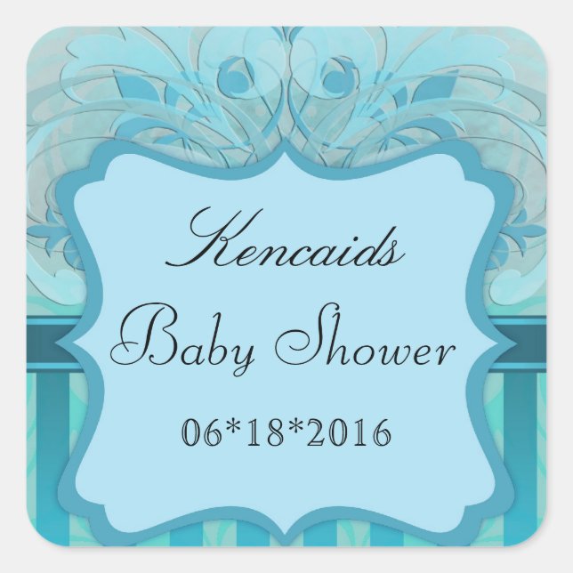Teal Damask Baby Shower Square Sticker (Front)