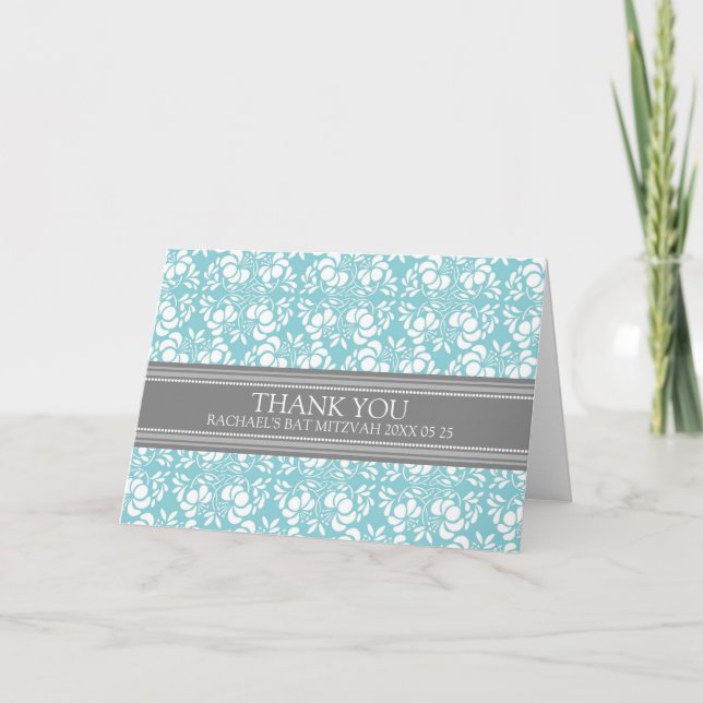 Teal Damask Bat Mitzvah Thank You Card (Front)