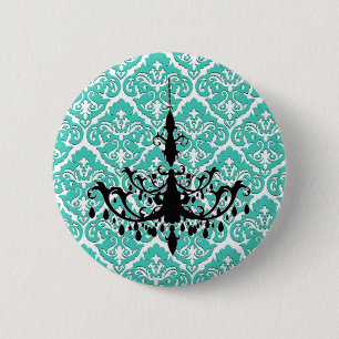 Teal Damask Black Chandelier 2 Inch Round Button
