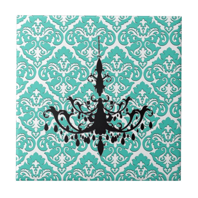Teal Damask Black Chandelier Tile (Front)