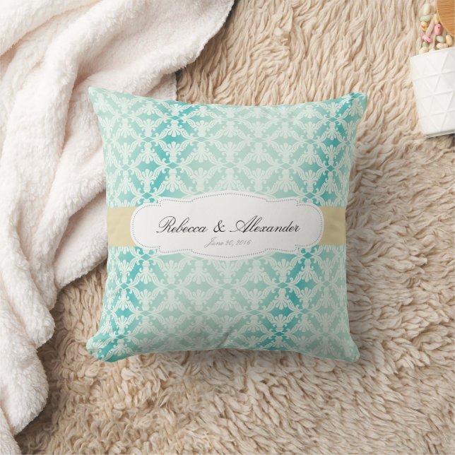 Teal Damask Bride & Groom Throw Pillow (Blanket)