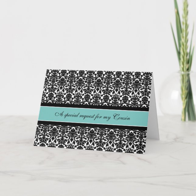 Teal Damask Cousin Bridesmaid Invitation Card (Front)