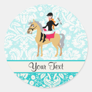 Teal Damask Equestrian Classic Round Sticker