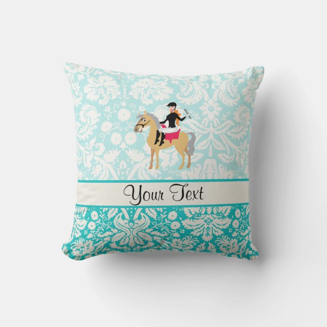 Teal Damask Equestrian Throw Pillow (Front)