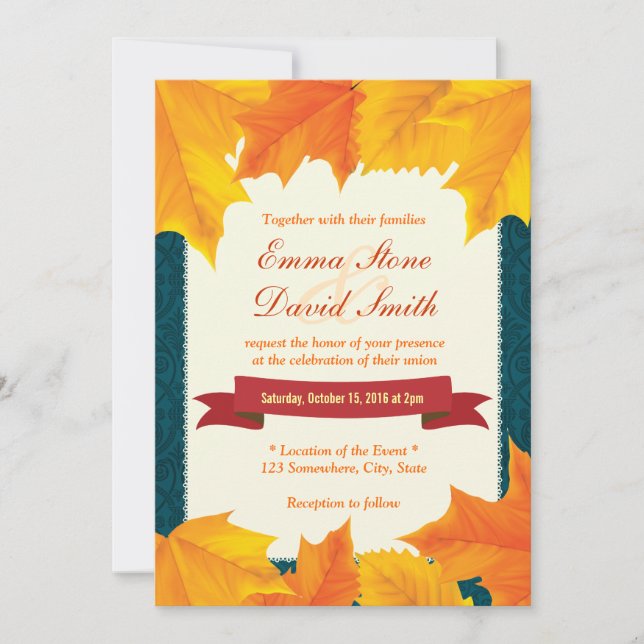 Teal Damask Golden Leaves Fall Wedding Invitations (Front)