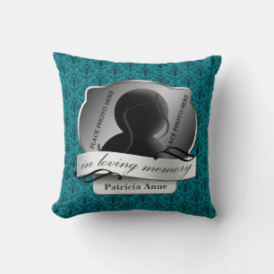 Teal Damask "In Loving Memory" In Memoriam Throw Pillow