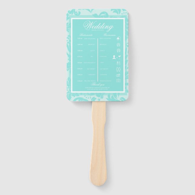 Teal damask itinerary hand fan (Front)