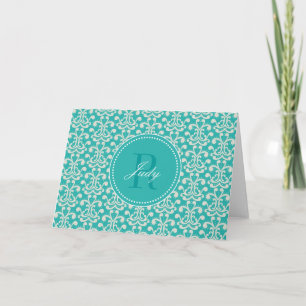 Teal Damask Monogram Note Cards