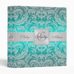 Teal Damask Monogrammed Baby Album Binder