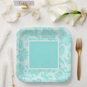 Teal damask paper plate