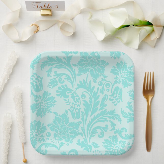 Teal damask paper plate (Wedding)