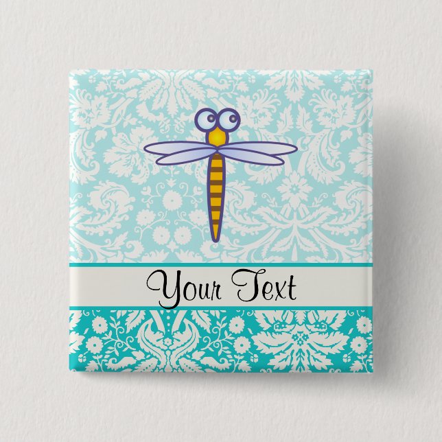 Teal Damask Pattern Dragonfly 2 Inch Square Button (Front)