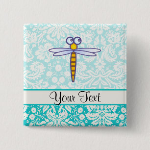 Teal Damask Pattern Dragonfly 2 Inch Square Button