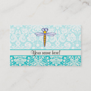 Teal Damask Pattern Dragonfly Business Card