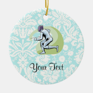 Teal Damask Pattern Fencing Ceramic Ornament