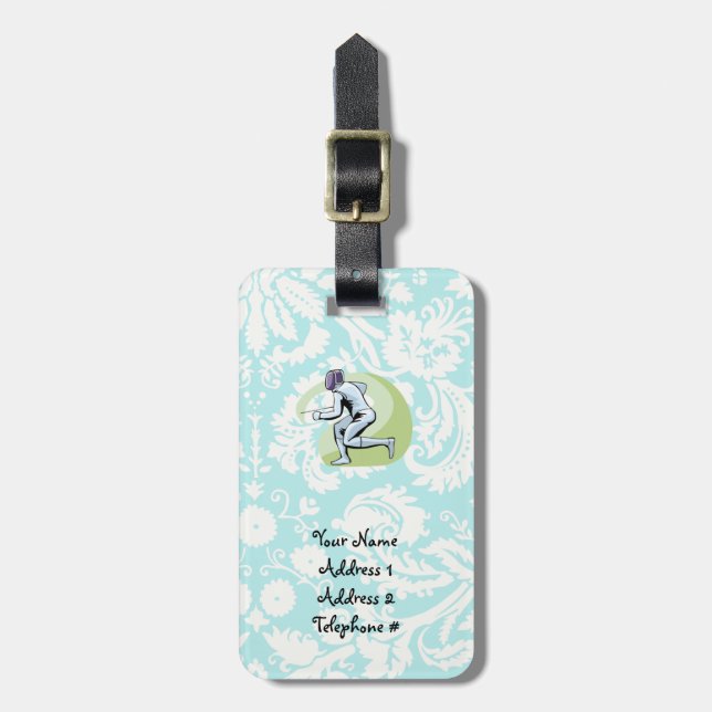 Teal Damask Pattern Fencing Luggage Tag (Front Vertical)