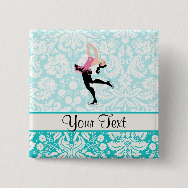 Teal Damask Pattern Ice Skating 2 Inch Square Button (Front)