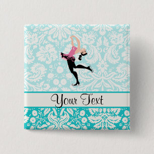 Teal Damask Pattern Ice Skating 2 Inch Square Button