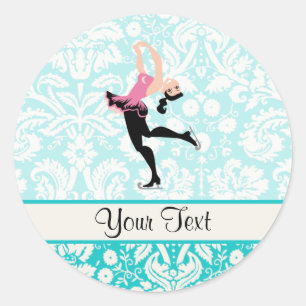 Teal Damask Pattern Ice Skating Classic Round Sticker