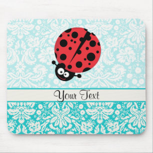 Teal Damask Pattern Ladybug Mouse Pad