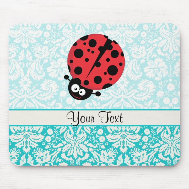 Teal Damask Pattern Ladybug Mouse Pad (Front)