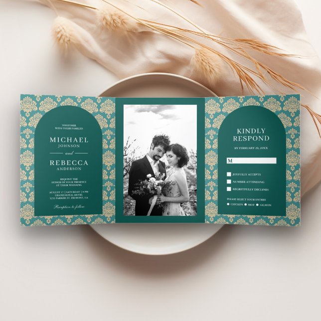 Teal Damask Pattern Moroccan Arch Wedding Photo Tri-Fold Invitation (Creator Uploaded)