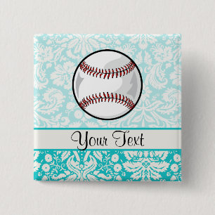 Teal Damask Pattern Softball 2 Inch Square Button