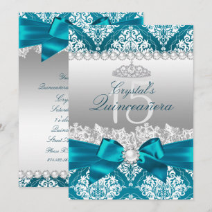 Teal Damask Pearl Bow Quinceanera Invite