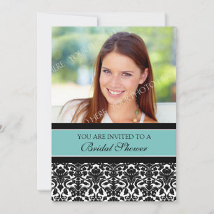 Teal Damask Photo Bridal Shower Invitation Cards