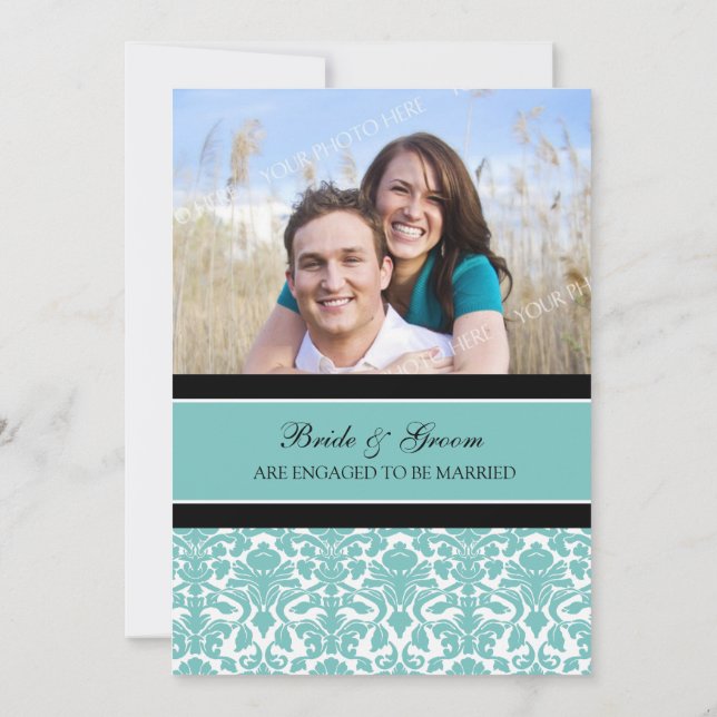 Teal Damask Photo Engagement Party Invitations (Back)