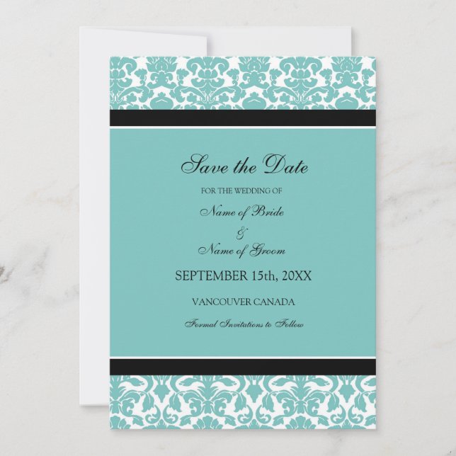 Teal Damask Photo Wedding Save the Date Card (Front)
