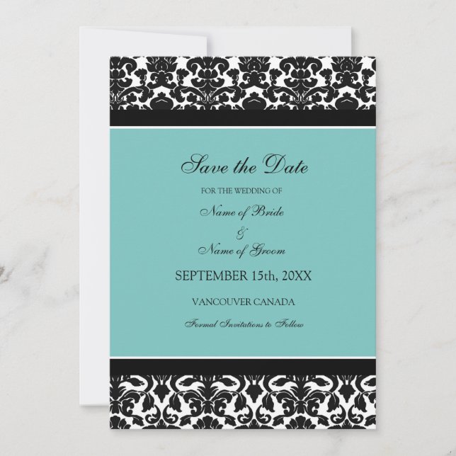 Teal Damask Photo Wedding Save the Date Card (Front)