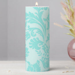 Teal damask pillar candle 