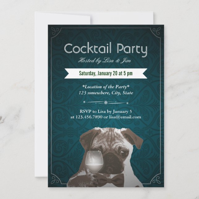Teal Damask Pug & Wine Cocktail Party Invitations (Front)
