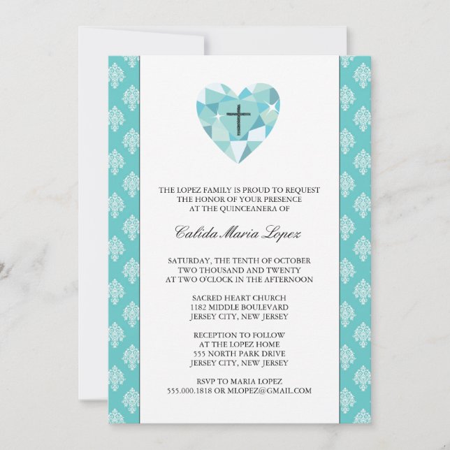 Teal Damask Quinceanera Invitations (Front)