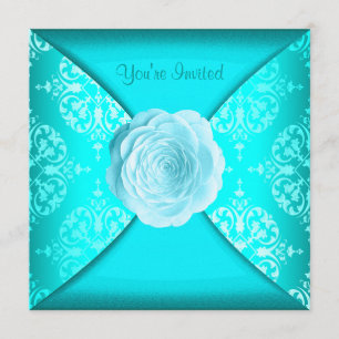 Teal Damask Rose Teal Blue All Occasion Invitation