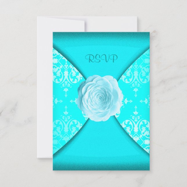 Teal Damask Rose Teal Blue All Occasion RSVP (Front)
