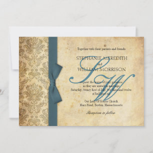 Teal Damask Vintage Bow Wedding Invitation