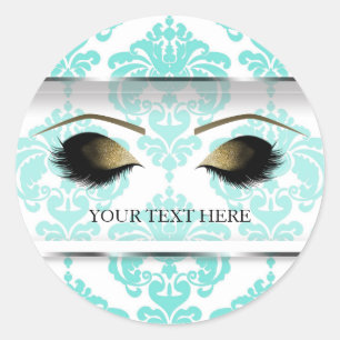 Teal Damask Vintage Glam Modern Makeup Eyelashes Classic Round Sticker