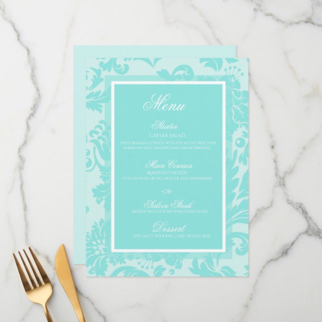 Teal damask wedding flat menu (Front/Back In Situ)