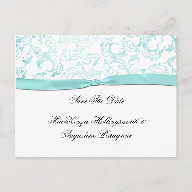 Teal Damask With Teal Ribbon Save The Date Announcement Postcard (Front)