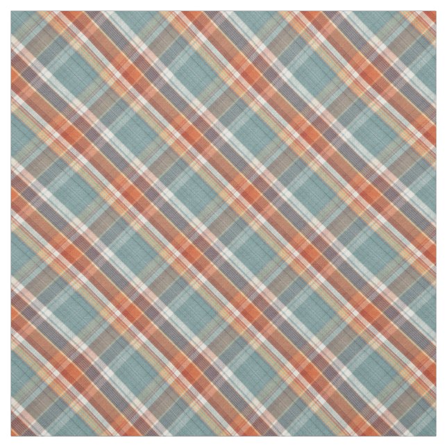 Teal Dark Blue Coral Orange White Plaid Pattern Fabric (Swatch)