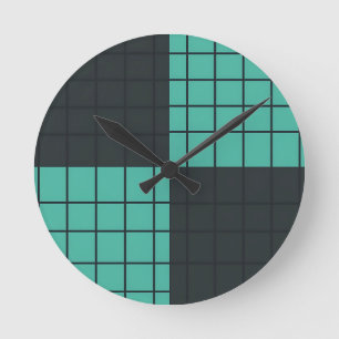 Teal Dark Gray Grid Pattern Modern Minimalist  Round Clock
