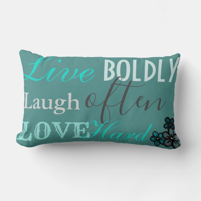 Teal, Dark Grey and Avocado  'Live, Laugh, Love'  Lumbar Pillow (Front)
