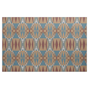 Teal Dark Red Tan Brown Ethnic Mosaic Pattern Fabric