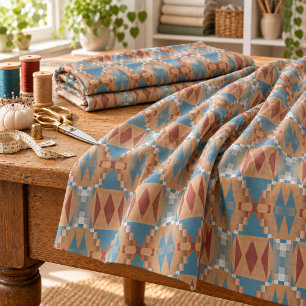 Teal Dark Red Tan Brown Ethnic Mosaic Pattern Fabric