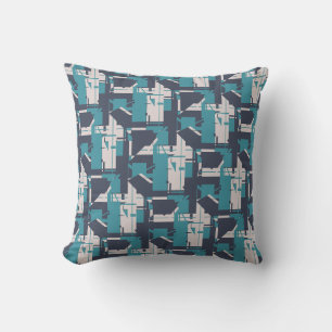 Teal Dark Slate Blue Light Grey MCM Look Art Tiles Throw Pillow
